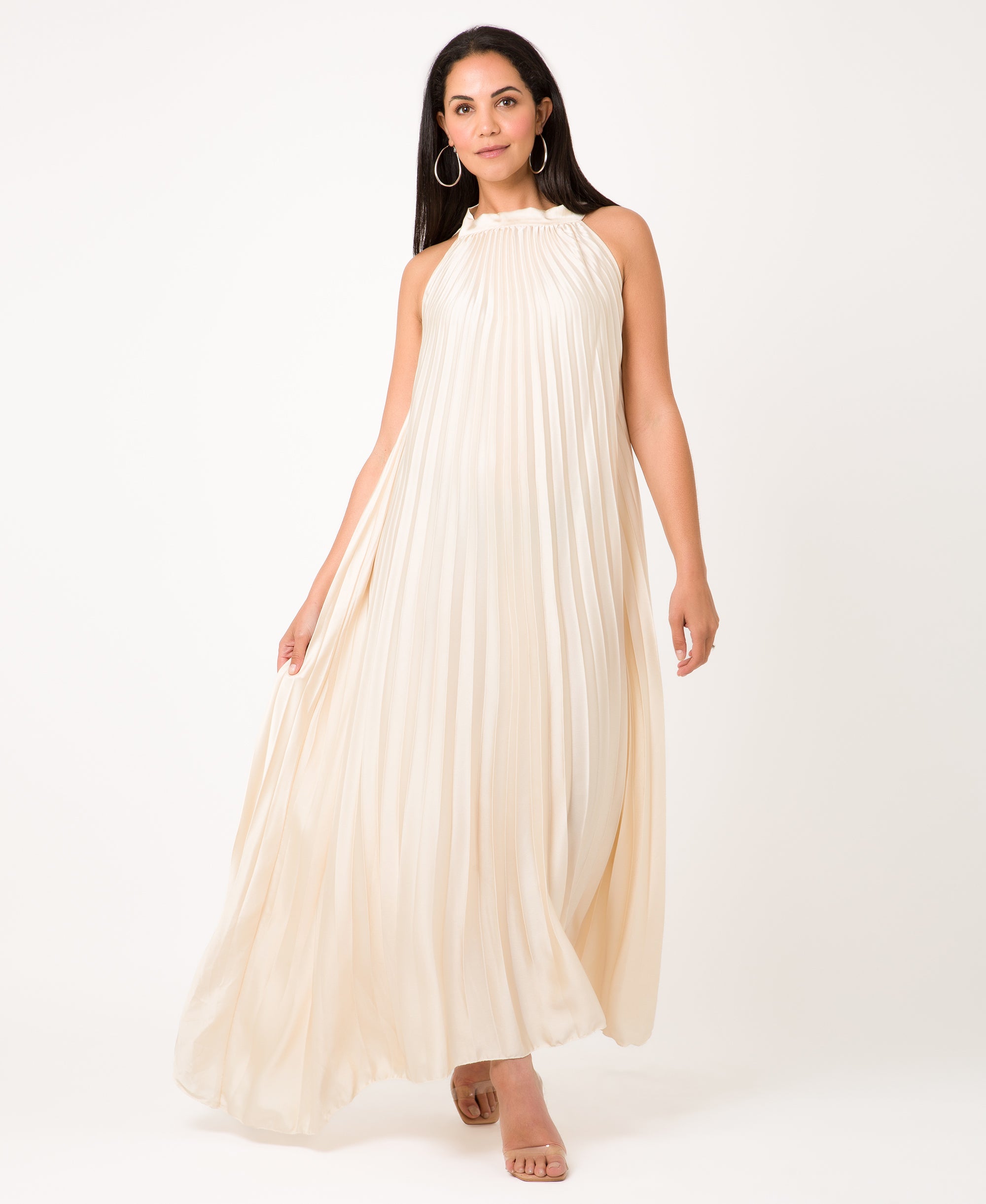 KRISP Plain Pleated Satin Halterneck Maxi Dress (11111)